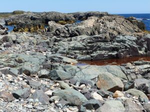 The shoreline with rocks of pyroclastic breccia north of Louisbourg Lighthouse in Cape Breton in Nova Scotia