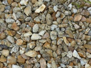 Flints and beach stones with holes on a shingle shore