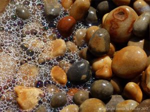 Coloured wet pebbles with sea foam on the waterline at Seatown beach, Dorset, England.