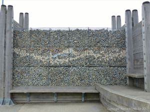 The Deck at Dead Man's Corner made with pebble-filled gabions