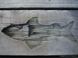 Fish carving in a wooden plank on a pier