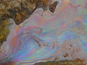 Natural abstract pattern in rainbow colours on the surface of water produced by iron-oxidising bacteria