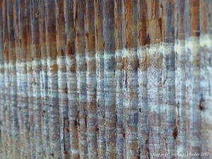 Tide marks or tide lines of dried sea foam on the vertical rusty iron surfaces of pier supports.