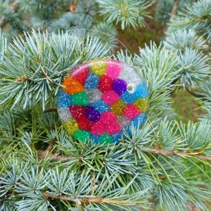 Colourful lost plastic button lodged in a pine tree at Kew Gardens