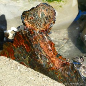 Piece of rusty metal jutting up from the sand on the beach