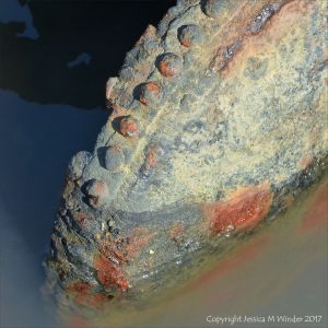 Rusty metal object in a seawater pool on the beach