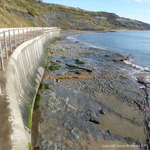 View looking east from the new sea wall at Lyme Regis showing bare rock platform on beach with concrete lines of old footings from the demolished breakwaters.