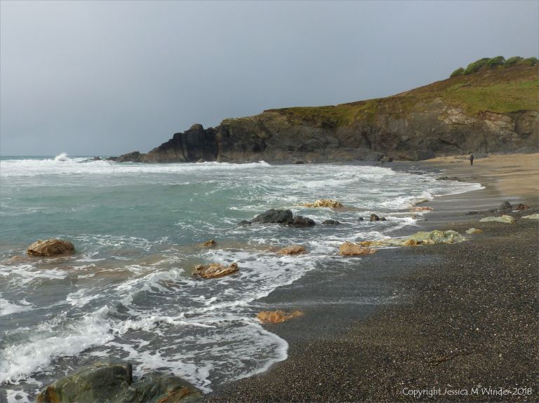 View looking north at Polurrian Cove towards the Devonian meta-sedimentary rocks of the Porthscatho Formation