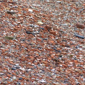 Detail of the composition of an urban shore along a tidal river where water-worn historical building and domestic debris is mixed with natural flints and stones.
