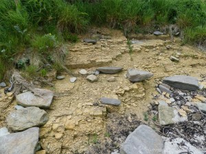 Crumbling flagstone bedrock at the head of the shore at Grit Ness
