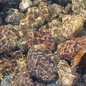 Natural patterns of reflected light on water flowing over pebbles