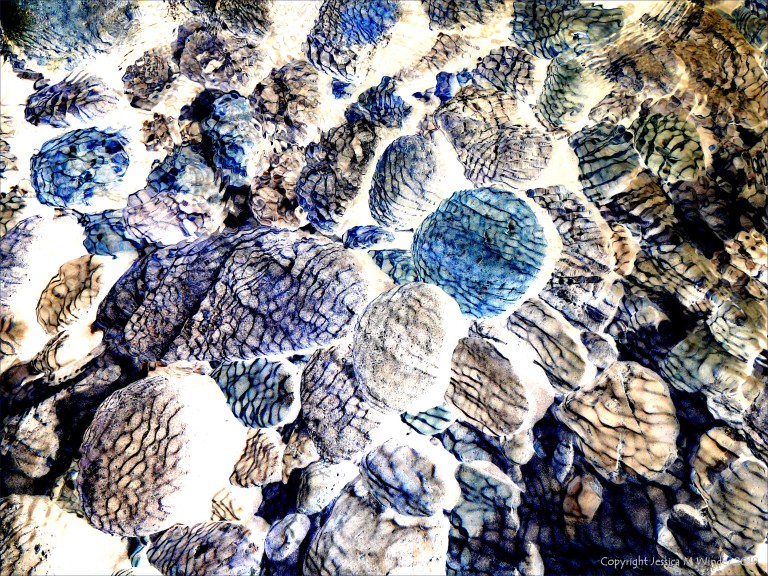 Natural patterns of reflected light on river-bed pebbles
