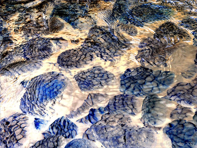 Natural patterns of reflected light on river-bed pebbles