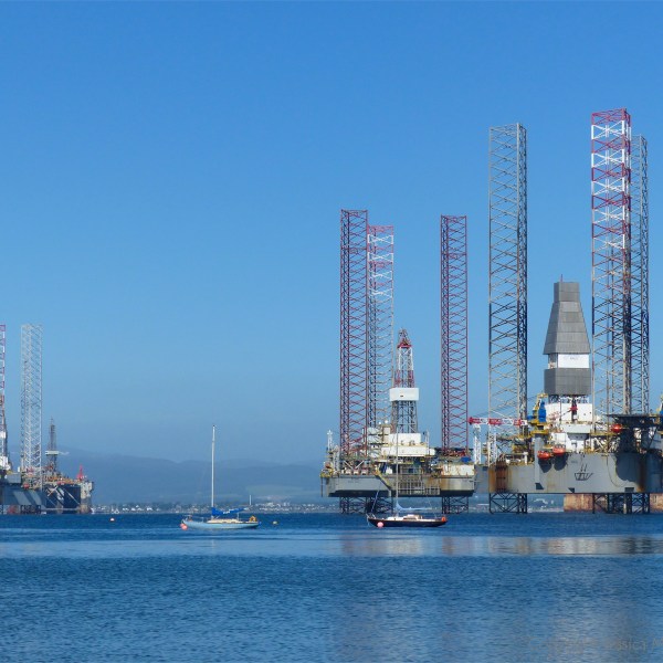 Oil rigs parked in the Cromarty Firth in Scotland