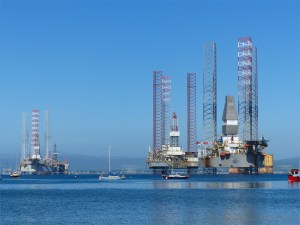 Oil rigs parked in the Cromarty Firth in Scotland
