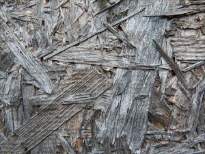 Close-up photograph showing texture in weathered chipboard
