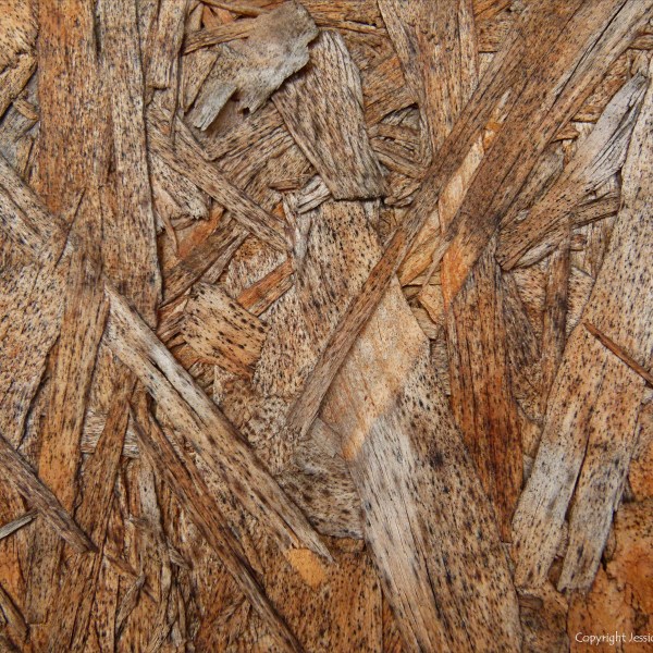 Close-up photograph showing texture in weathered chipboard