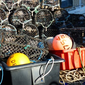 Fishing gear stacked on the quayside