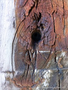 Wood knot in rust-stained timber