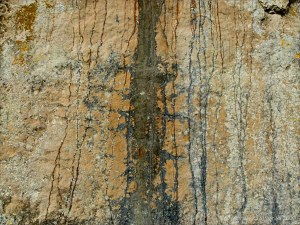 Iron-stained patterns on limestone rocks