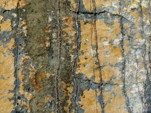 Iron-stained patterns on limestone rocks