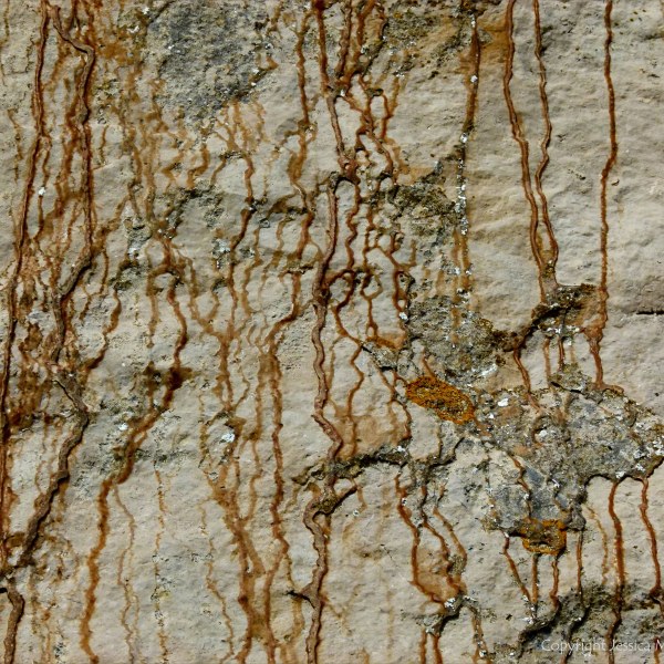 Iron-stained patterns on limestone rocks