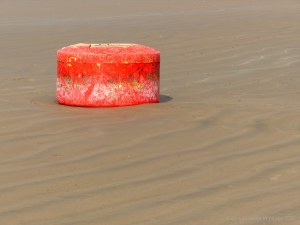 Red buoy washed up on sandy beach as flotsam