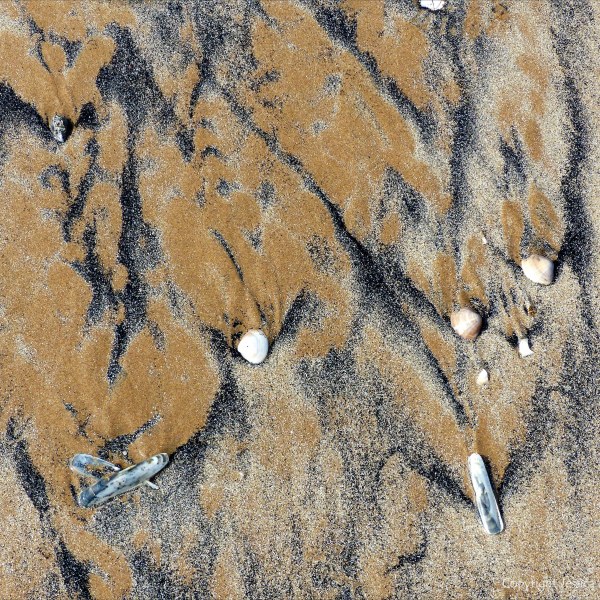 Patterns of fine black drift detritus on intertidal sand