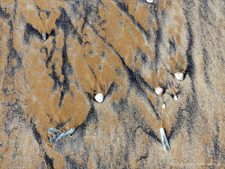 Patterns of fine black drift detritus on intertidal sand