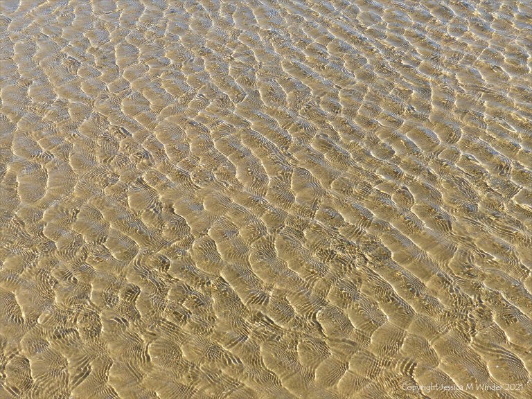 Patterns of reflected light on wind-driven ripples in a tidal pool over sand