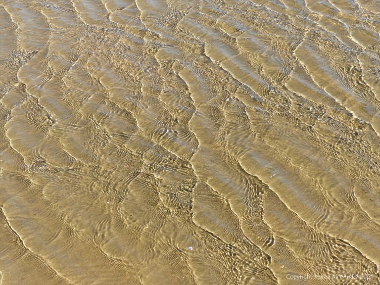 Patterns of reflected light on wind-driven ripples in a tidal pool over sand