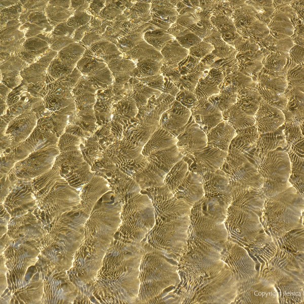 Patterns of reflected light on wind-driven ripples in a tidal pool over sand