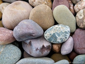 Large pebbles of different rock types on the beach