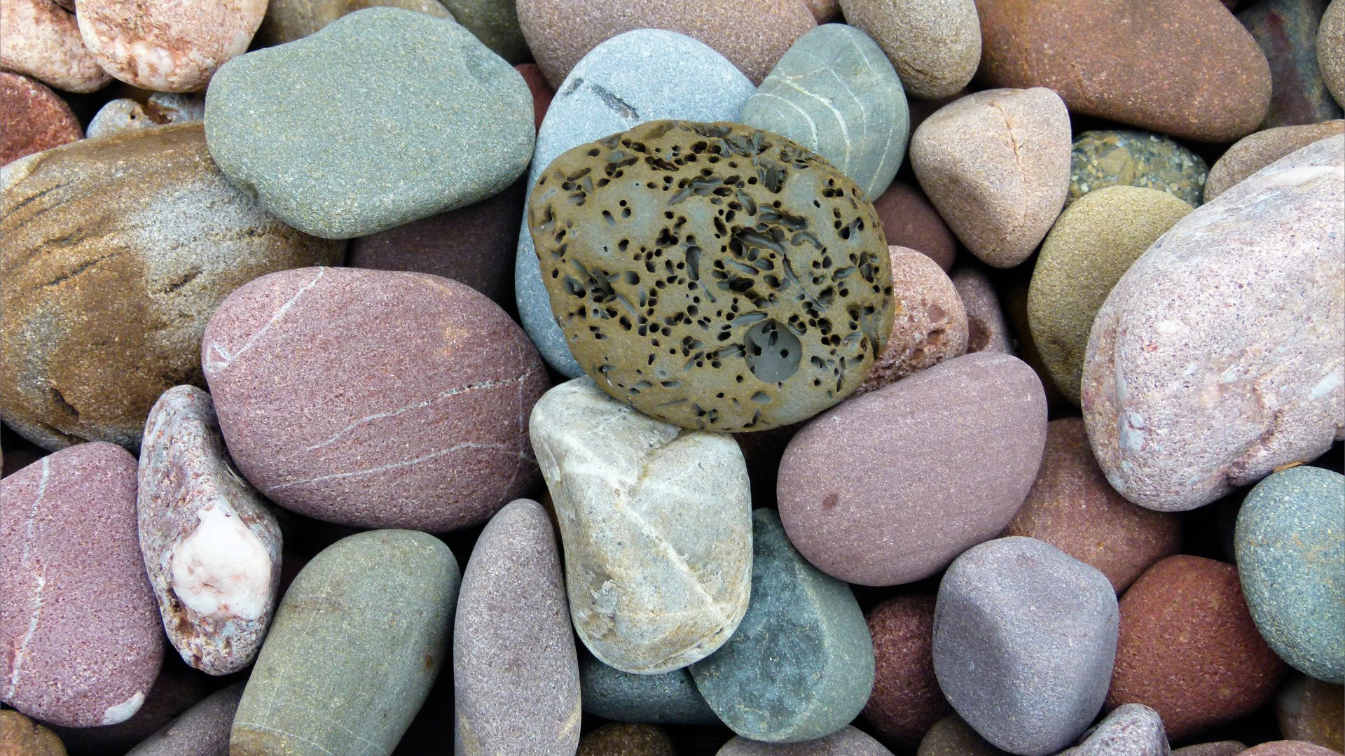 Large pebbles of different rock types on the beach
