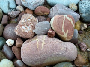 Large pebbles of different rock types on the beach