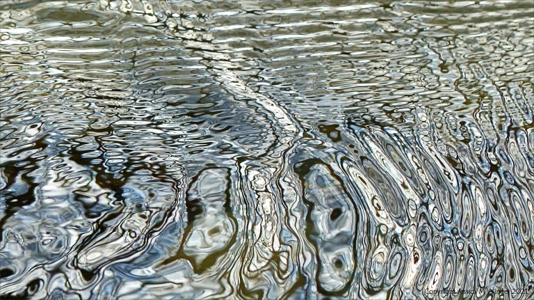 Intricate changing patterns of reflected light on fast flowing water