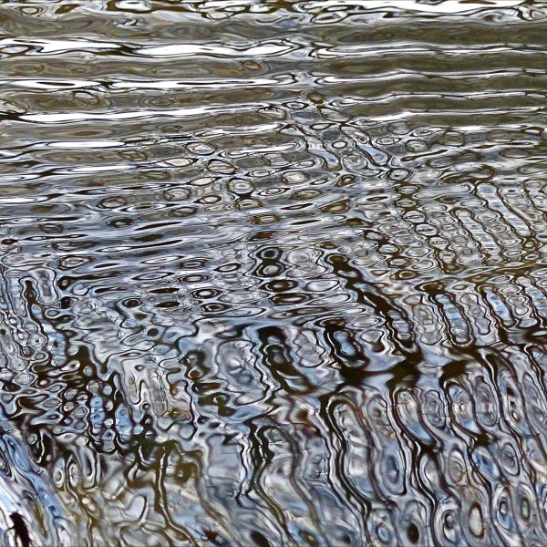 Intricate changing patterns of reflected light on fast flowing water