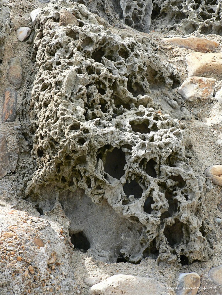 Rock with holes caused by natural weathering in a sea wall