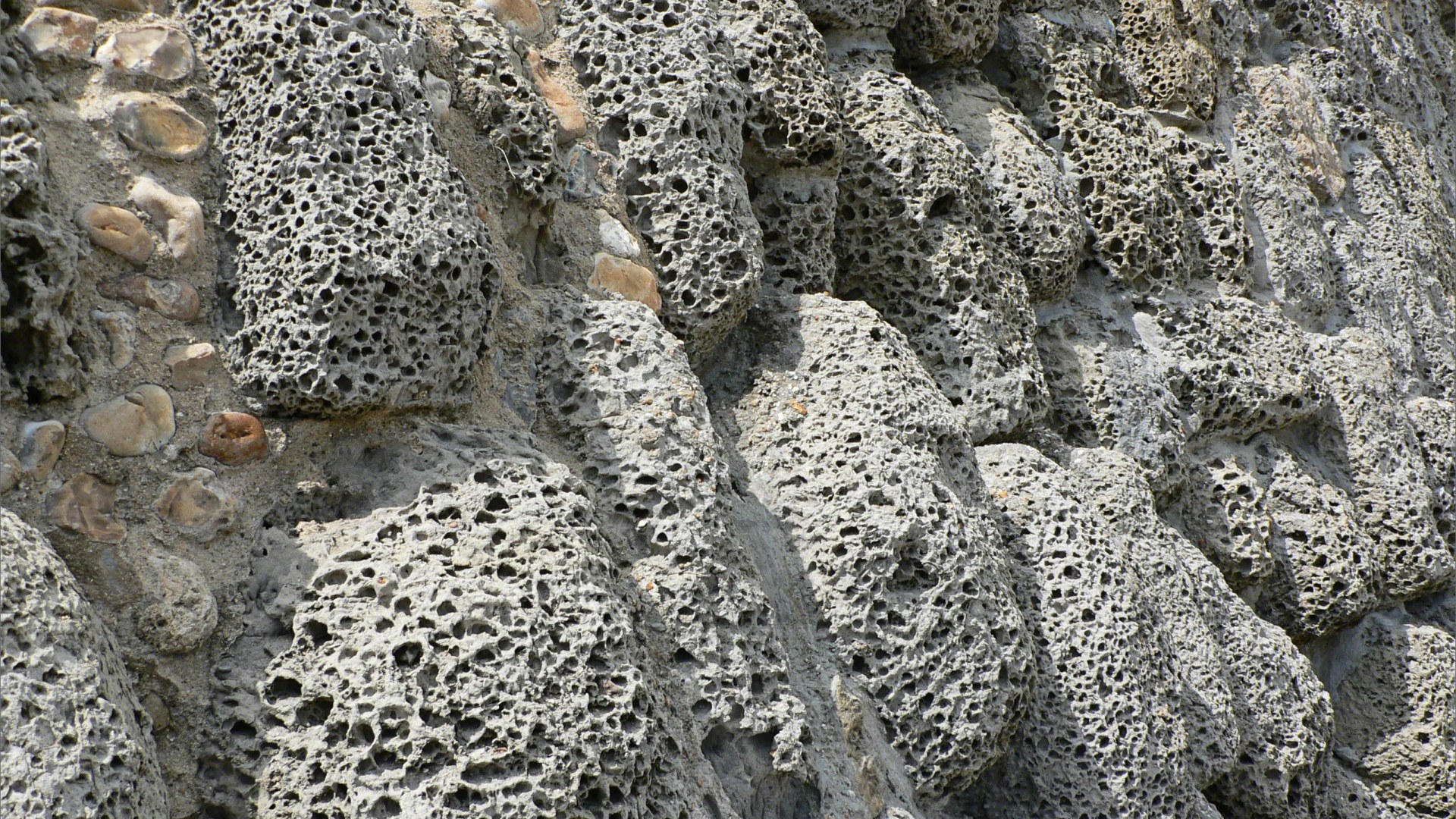 Rocks with holes caused by natural erosion in a sea wall