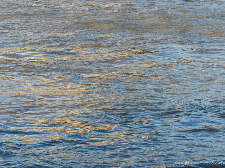 Golden reflected light on water in deep flowing river
