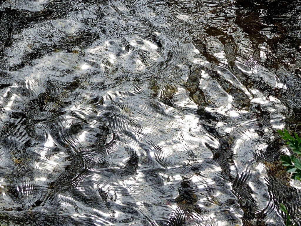Detail of black and white dappled light reflection patterns on flowing river water