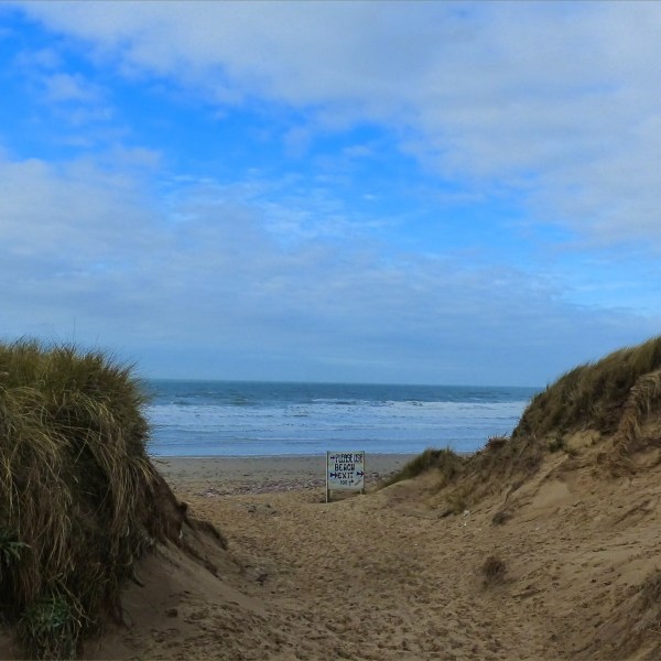 Sign on the beach seen from the path through the dunes