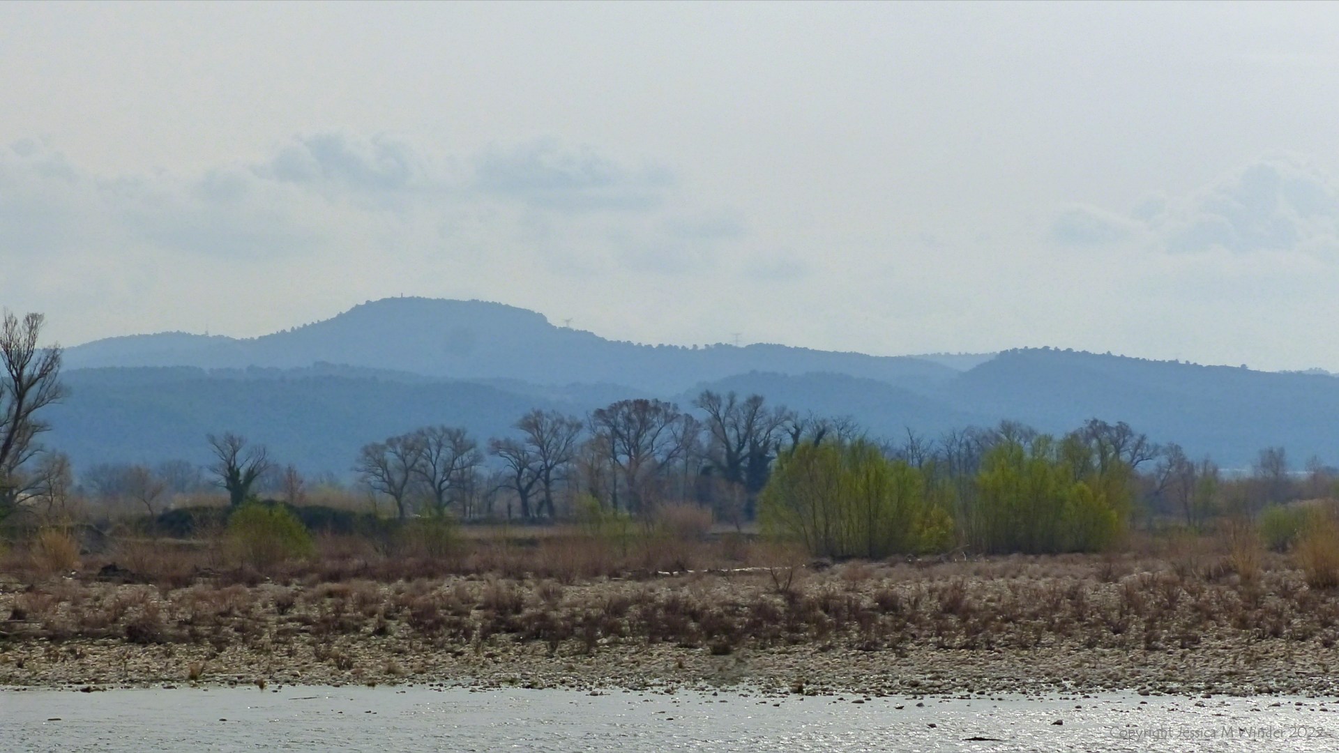 Landscape with riverbank waterside pebbles with plants, trees, and hills in the background on a dull early spring day