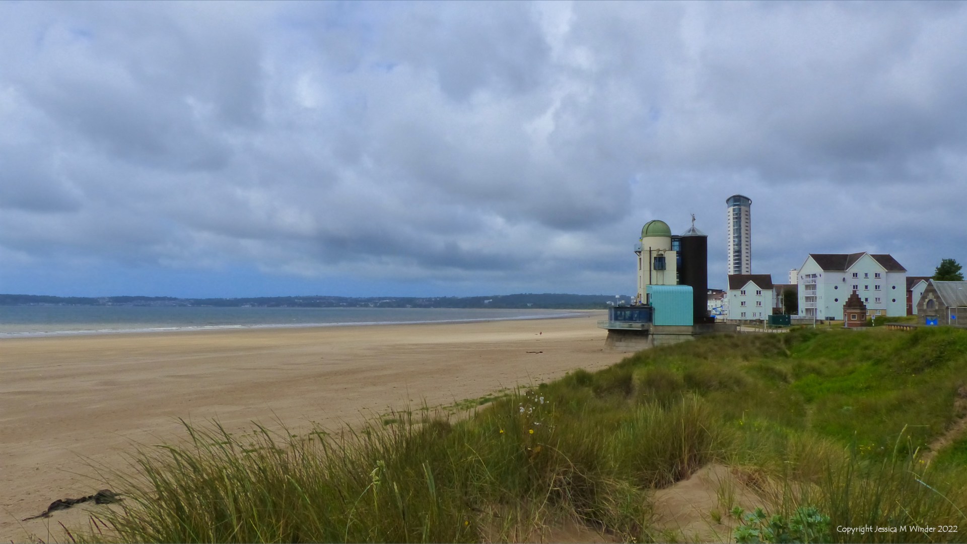View of the sandy beach from the vegetated dunes at Swansea Bay