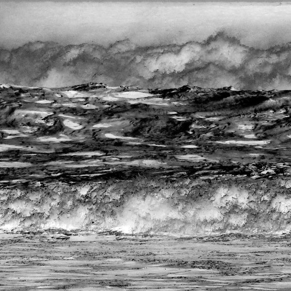 Black and white image of storm waves breaking on the shore
