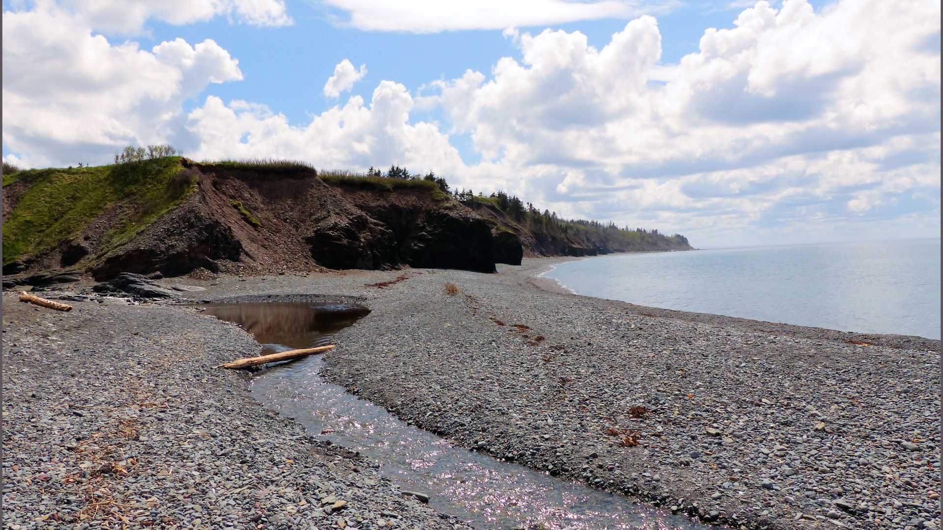 Coastal outcrop of Silurian sedimentary rock with pebble beach and stream