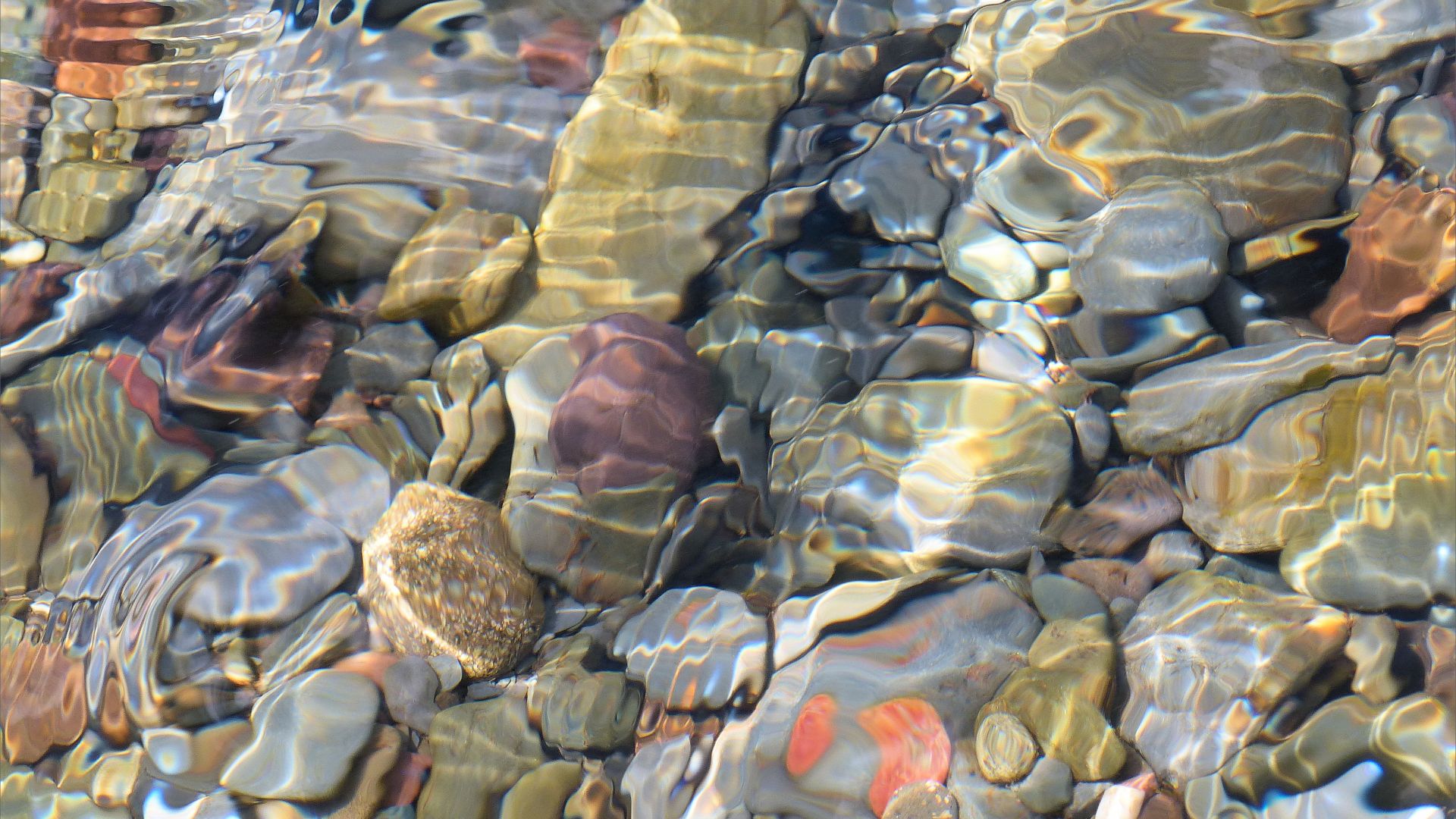 Coloured beach stones and pebbles beneath clear stream water with light reflections