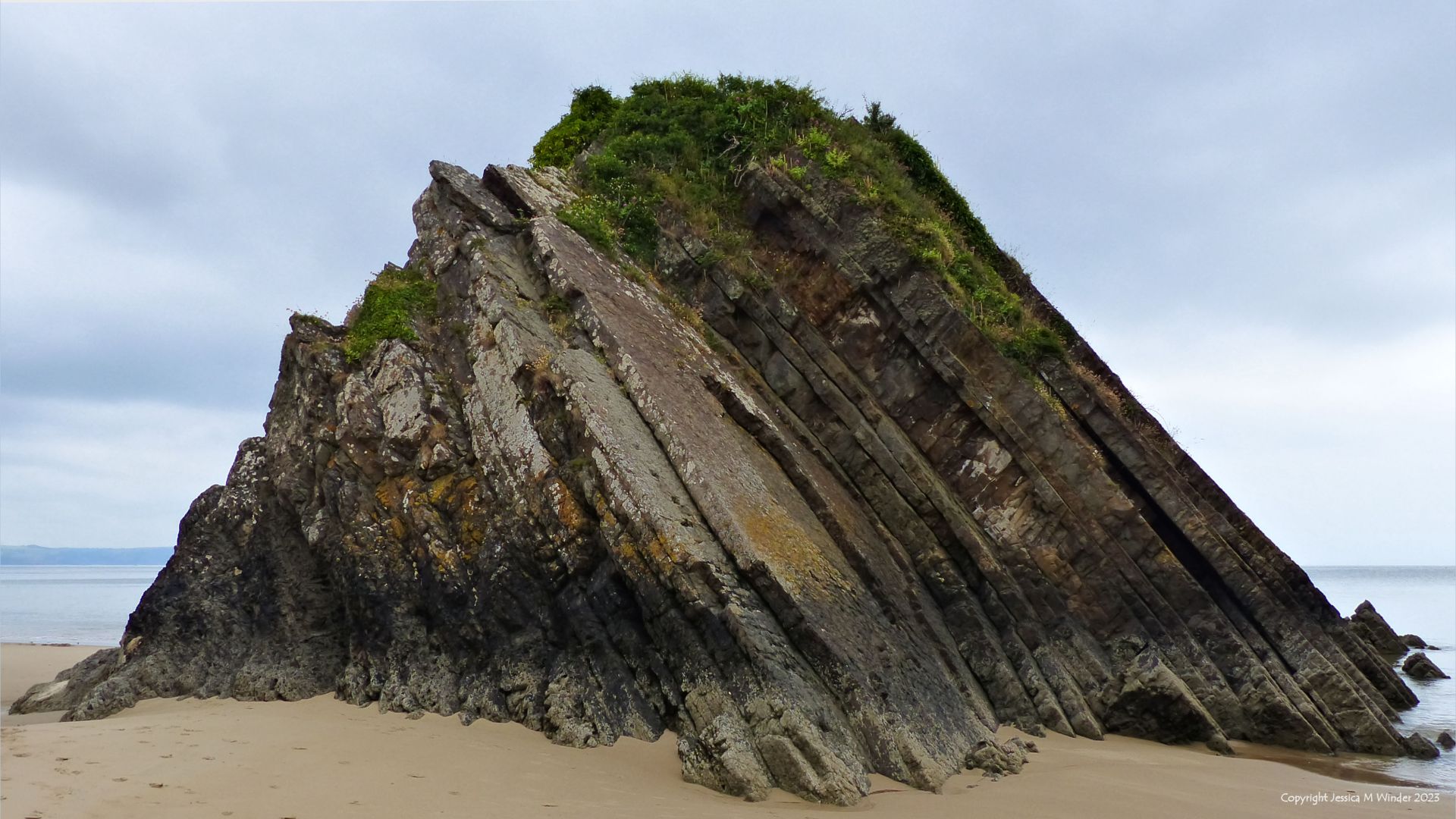 Rocky outcrop showing sloping strata exposed at low tide on a sandy beach