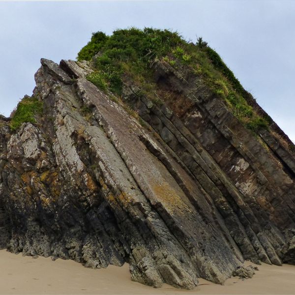 Rocky outcrop showing sloping strata exposed at low tide on a sandy beach