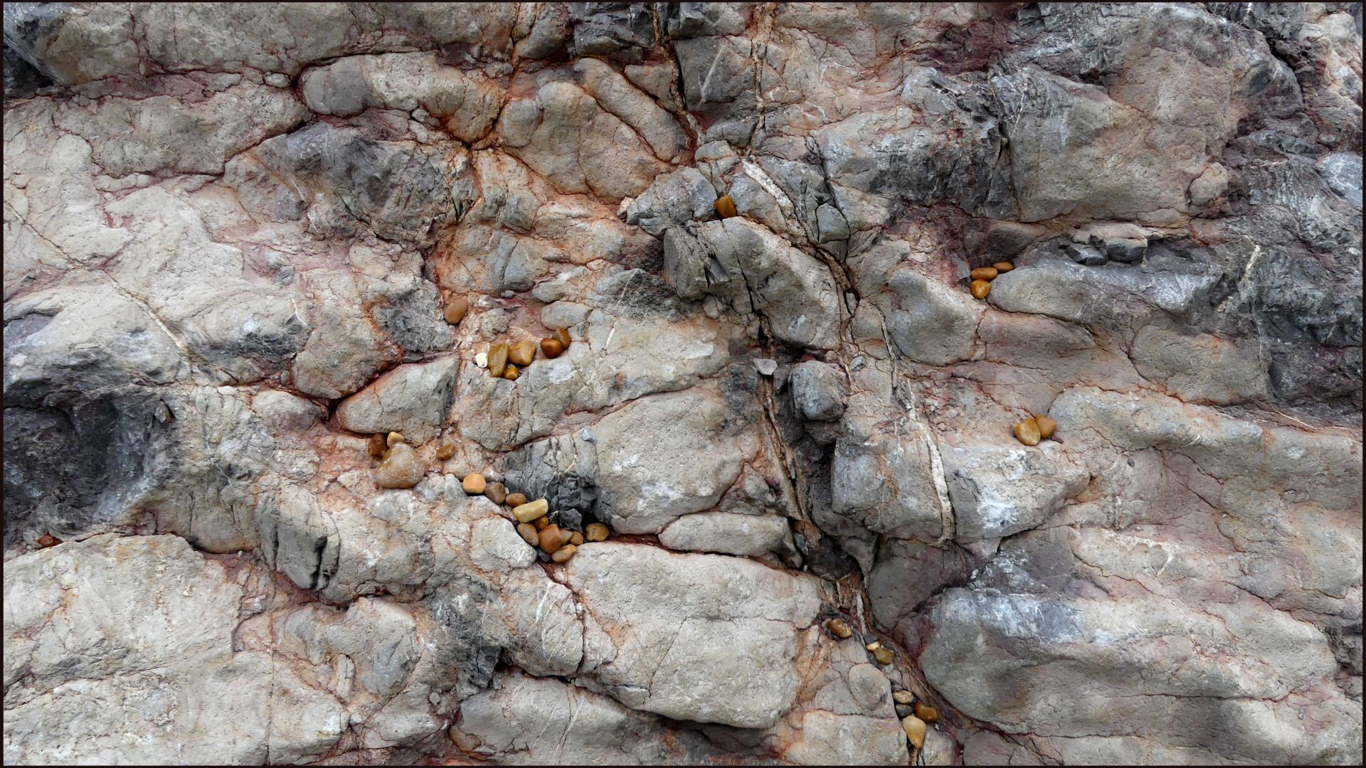 Close-up detail of a large boulder in rock armour or rip-rap sea defence of large imported boulders on the beach at Seatown in Dorset in the Jurassic Coast